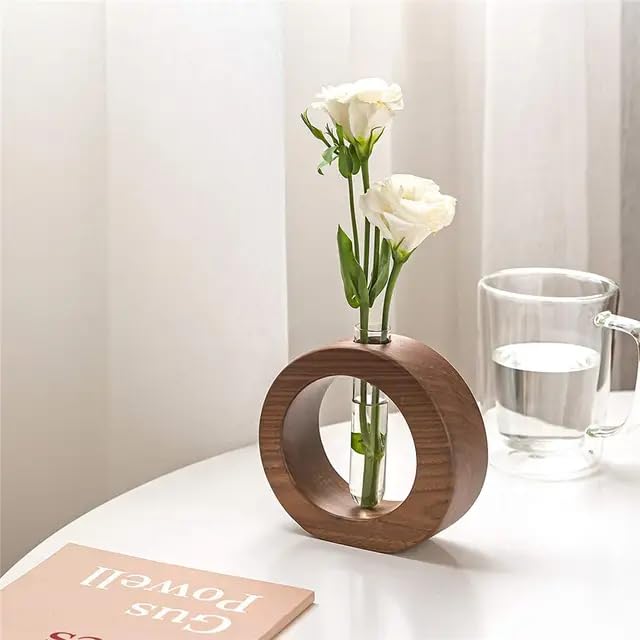 Wooden Stand with 1 Glass Test Tube Modern Flower Vase for Home Decor and Plant Propagation"
