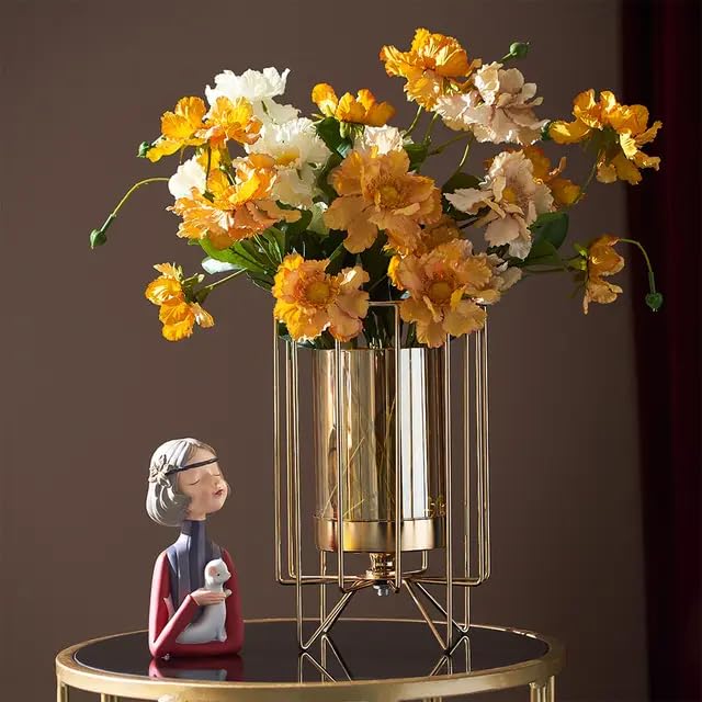 Metal Geometric Gold Pillar Flower Vase with Removable Glass